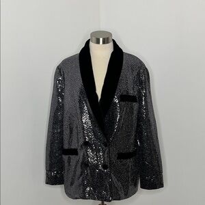 ZARA Black Velvet Lapel Silver Metallic Double Breasted Smokers Jacket Sz L